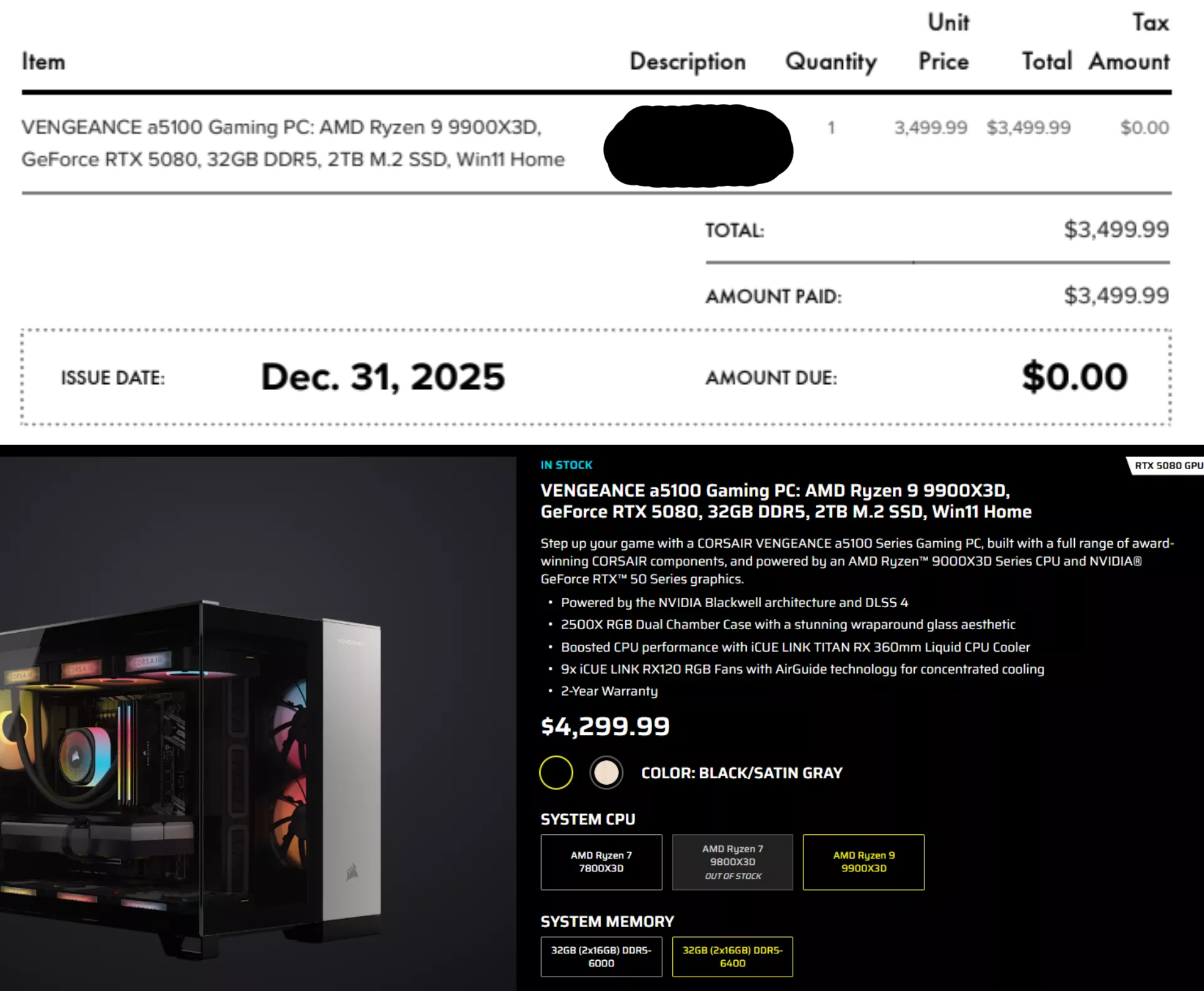 A screenshot shows a Corsair Vengeance a5100 Gaming PC with AMD Ryzen 9 9900X3D, GeForce RTX 5080, 32GB DDR5, 2TB M.2 SSD, priced at $3,499.99 on an invoice, with an in-stock display showing $4,299.99