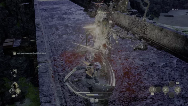 A character in the game 'Final Fantasy XVI' performs a special drain attack on a staggered enemy on a rocky bridge.