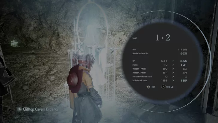 A character in 'Code Vein' is at the 'Clifftop Cavern Entrance' leveling up from 1 to 2, with stats such as HP increasing from 641 to 666 and stamina from 117 to 121.