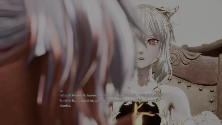 A character with white hair and red eyes speaks in a scene from the game Star Ocean The Second Story R, saying, I should be able to traverse the Past and Present at will.