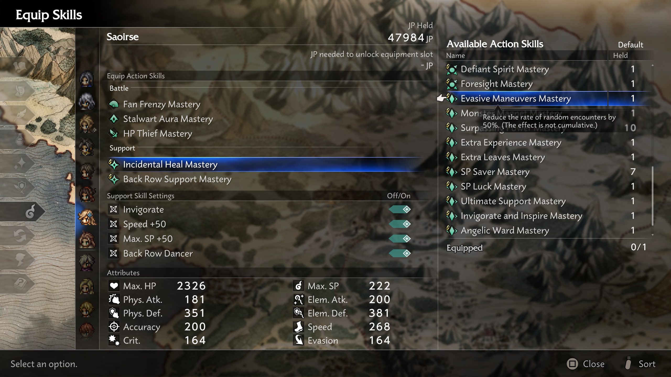 The game interface displays 'Equip Skills' for a character named Saoirse, highlighting 'Incidental Heal Mastery' and 'Evasive Maneuvers Mastery,' alongside attributes such as Max. HP 2326 and Max. SP 222.
