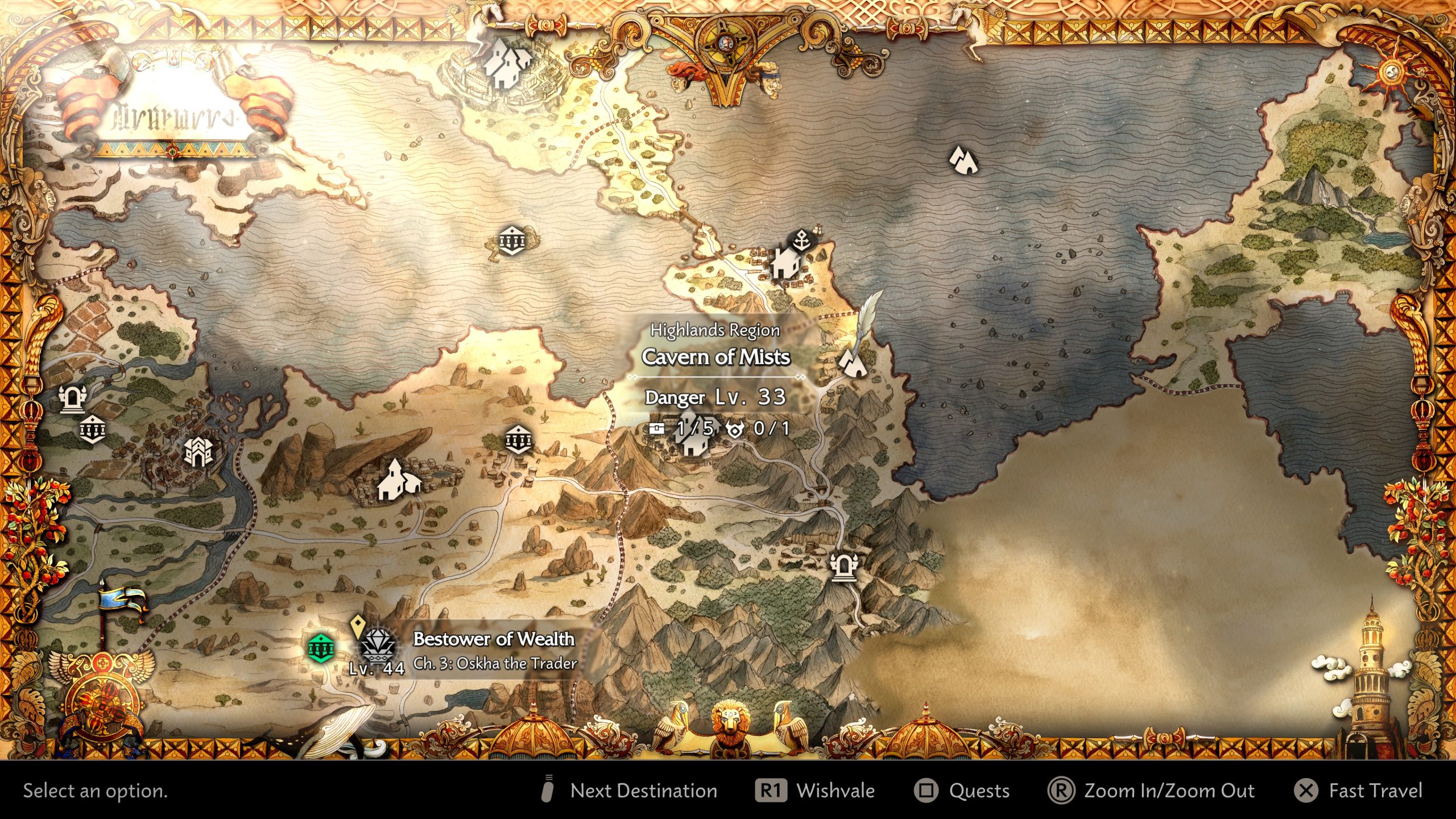 A map from the game 'Octopath Traveler II' displays the 'Highlands Region' with a highlighted location called 'Cavern of Mists,' marked as 'Danger Lv. 33.'