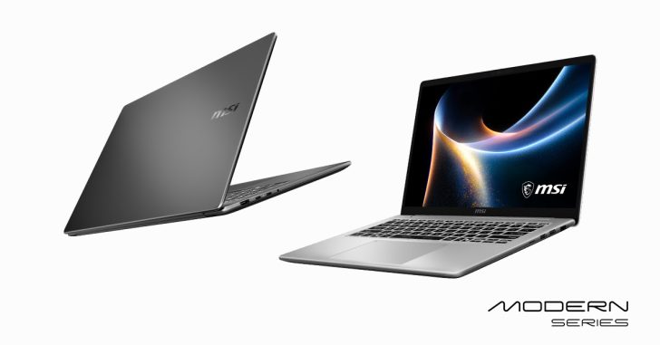 The image shows two MSI Modern Series laptops, one with an illuminated screen displaying a swirl design next to the 'MSI' logo, and the other is closed with visible side ports and the 'MSI' logo on the back cover.