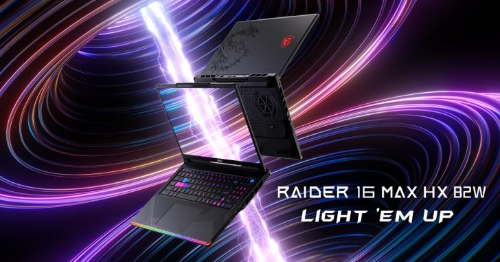 An MSI Raider 16 Max HX B2W laptop is mid-air with a vibrant light show in the background and text saying 'Light 'em up'.