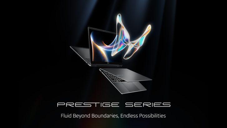 An MSI laptop from the Prestige Series is displayed with a vibrant holographic butterfly above it along with the text 'Fluid Beyond Boundaries, Endless Possibilities'.
