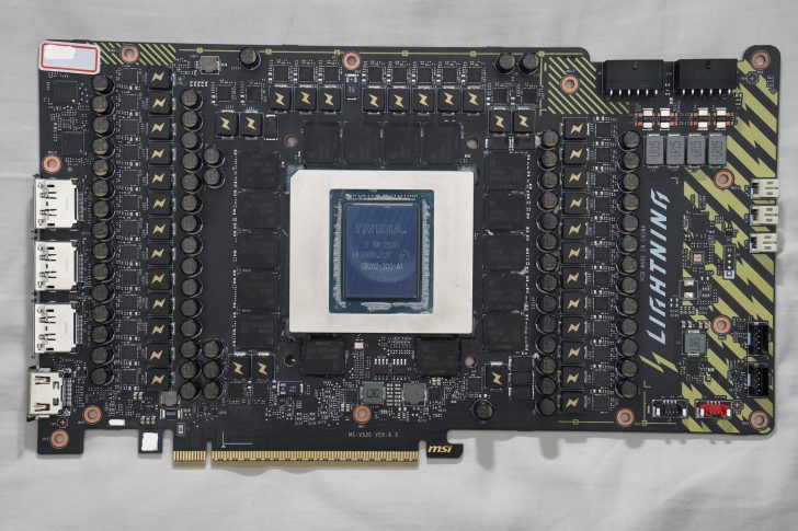 An MSI graphics card PCB with an NVIDIA chip labeled 'NVIDIA A5 TIW 2500 VF3899.COT GB202-300-A1' and LIGHTNING branding on the right side.
