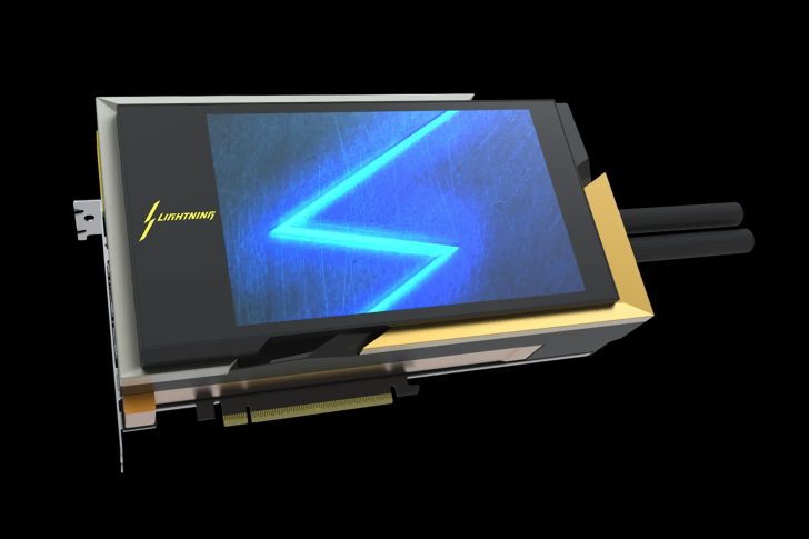 A graphics card with a LIGHTNING logo features a blue zigzag pattern on its display screen.