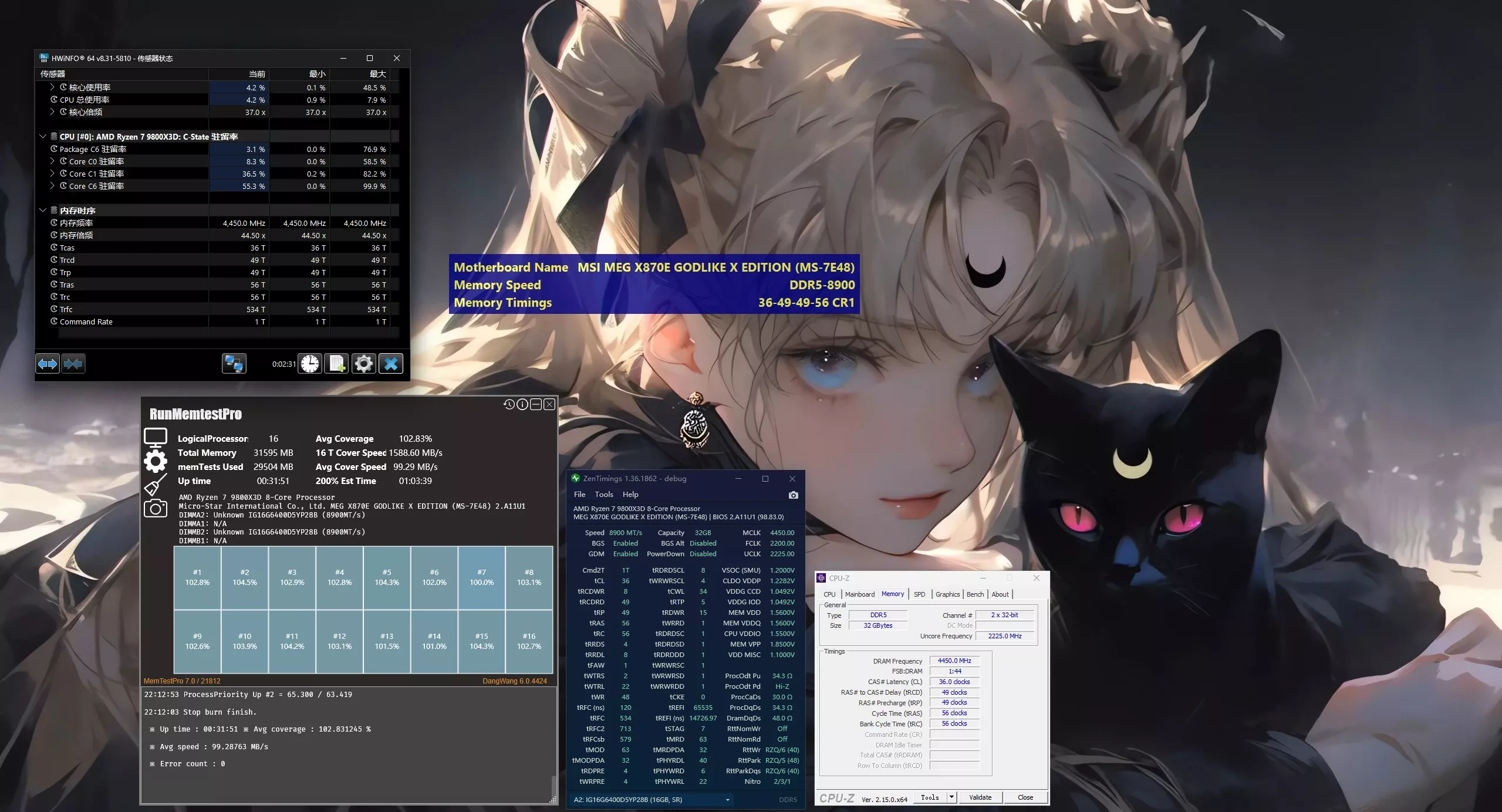 Multiple system monitoring applications, including HWiNFO64 and CPU-Z, display specifications for an AMD Ryzen 7 7800X3D processor on an MSI MEG X670E GODLIKE X EDITION motherboard with DDR5-8900 memory, alongside an animated character and cat background.