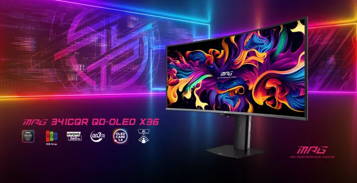 The MSI MPG 341CQR QD-OLED X36 monitor is displayed with vibrant colors, featuring 'UWQHD 360Hz' and '0.03 ms GTG' specifications.