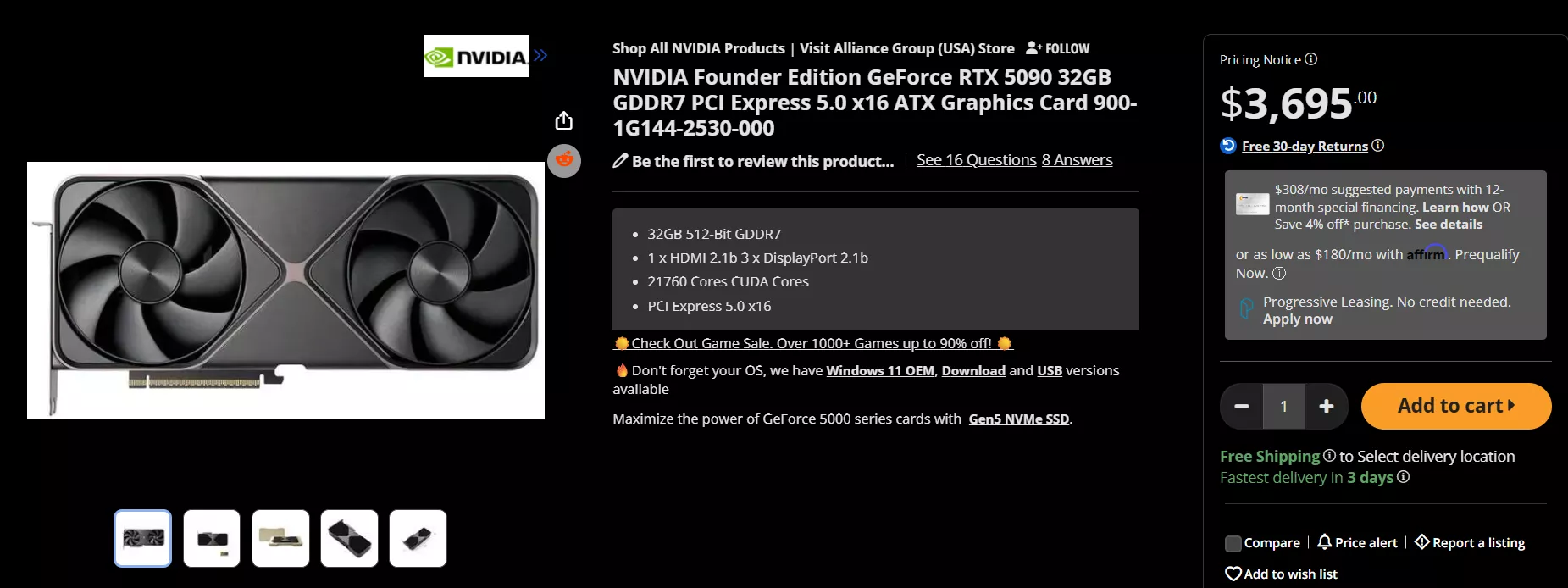NVIDIA GeForce RTX 5090 Founder's Edition graphics card with '32GB 512-Bit GDDR7,' '21760 Cores CUDA Cores,' and PCI Express 5.0 x16 is priced at '$3,695.00.'