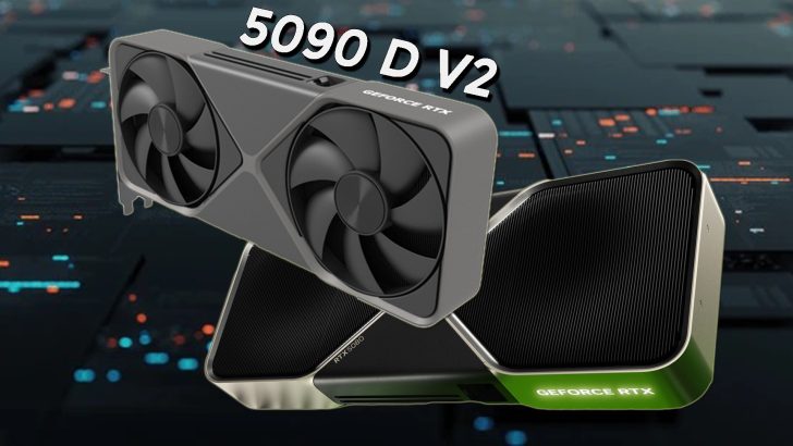 GeForce RTX 5090 D V2 graphics card with futuristic tech background.