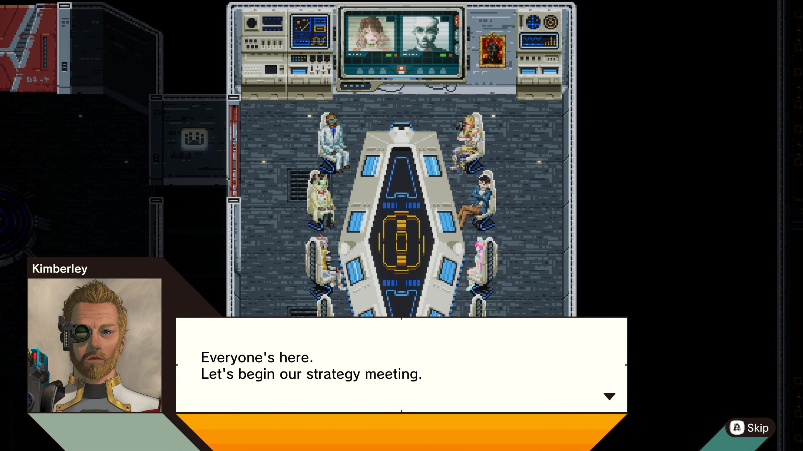 A strategy meeting is depicted in a futuristic game setting with characters sitting around a high-tech table; an on-screen text reads, Everyone's here. Let's begin our strategy meeting.