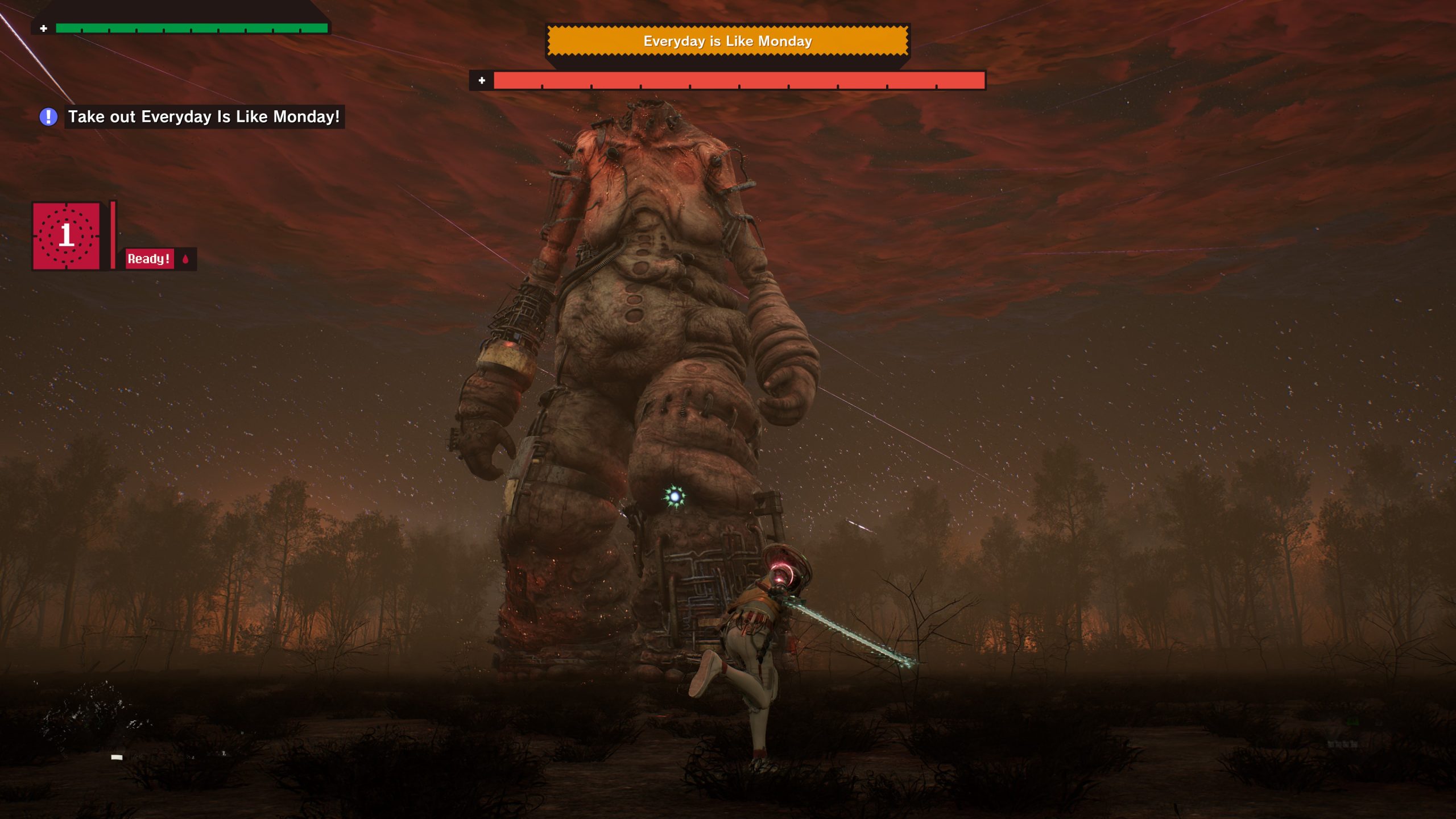 A character in the game Lies of P confronts a towering monster named 'Everyday Is Like Monday' with the on-screen instruction: 'Take out Everyday Is Like Monday!'.