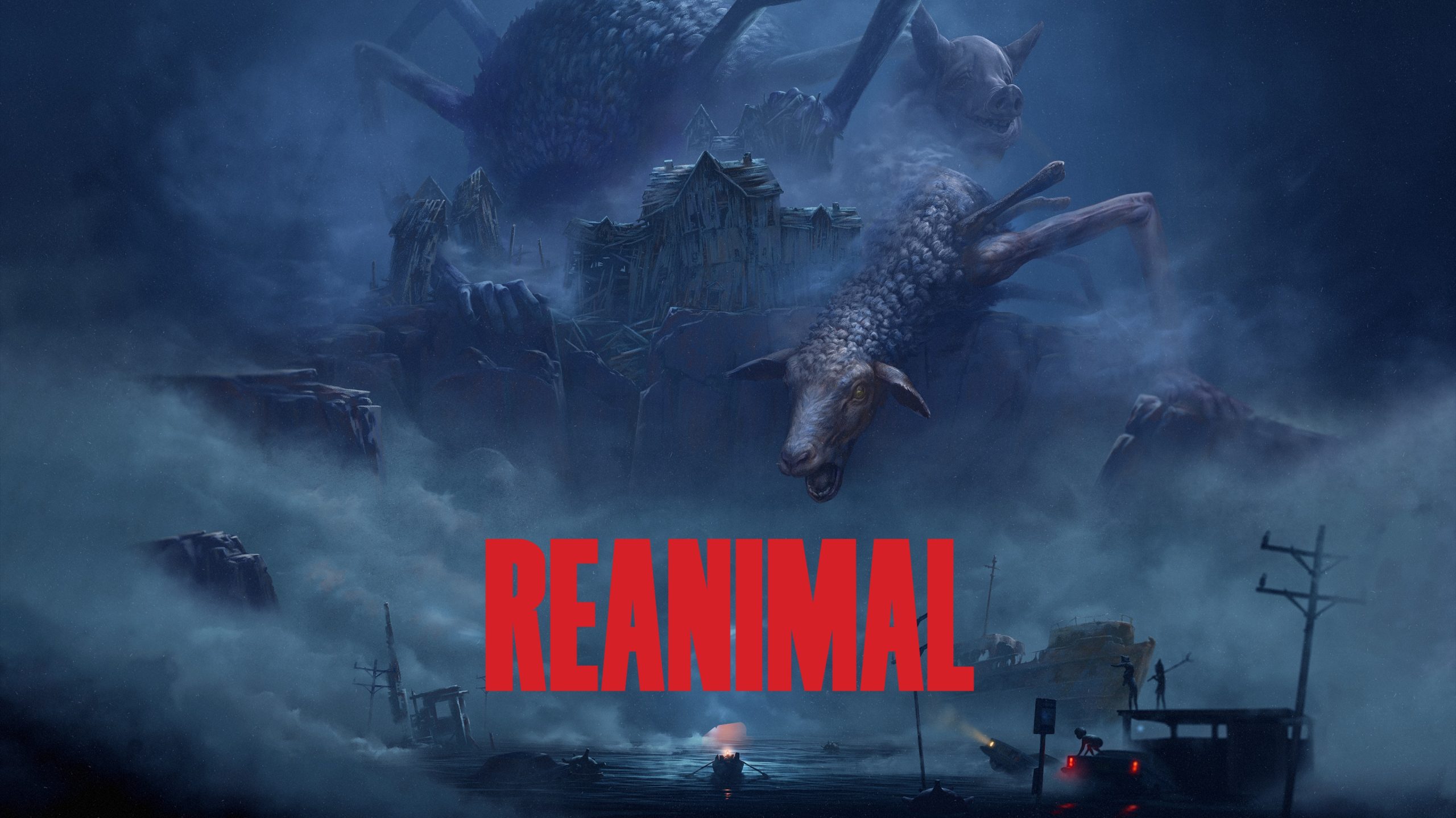 A giant, monstrous sheep-like creature looms over a foggy, abandoned town with 'REANIMAL' in bold red text at the bottom.
