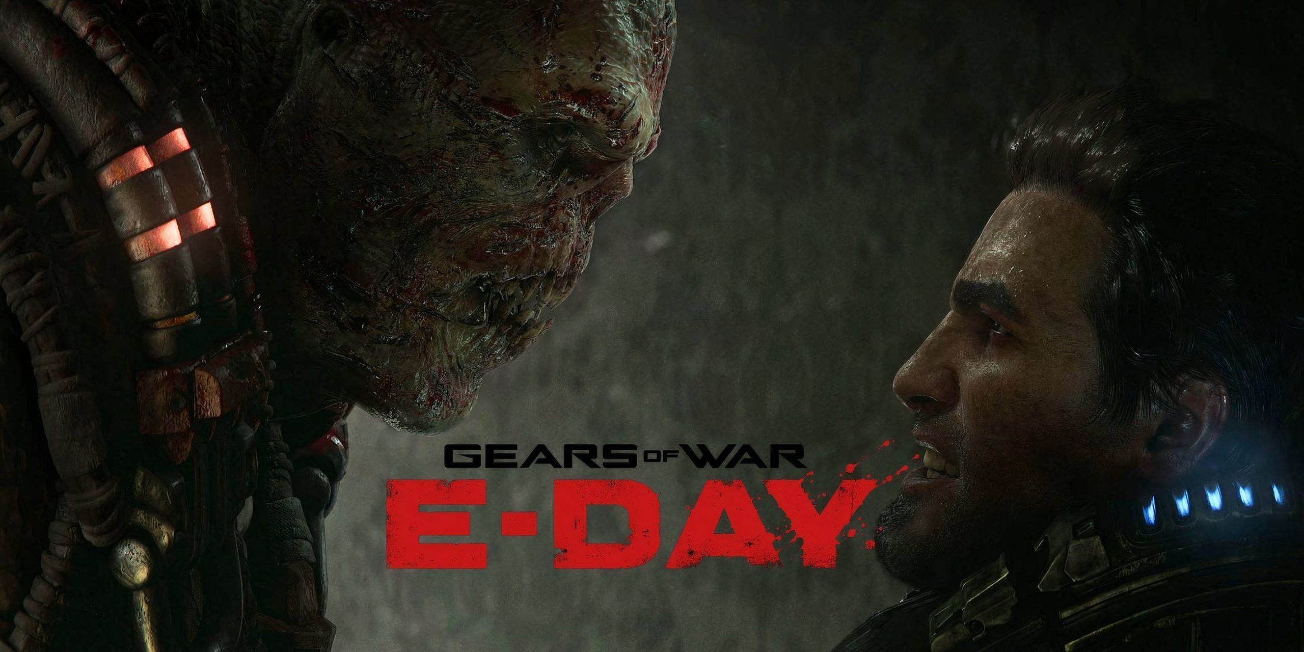 A character from Gears of War: E-Day faces off against a monstrous creature in close-up.