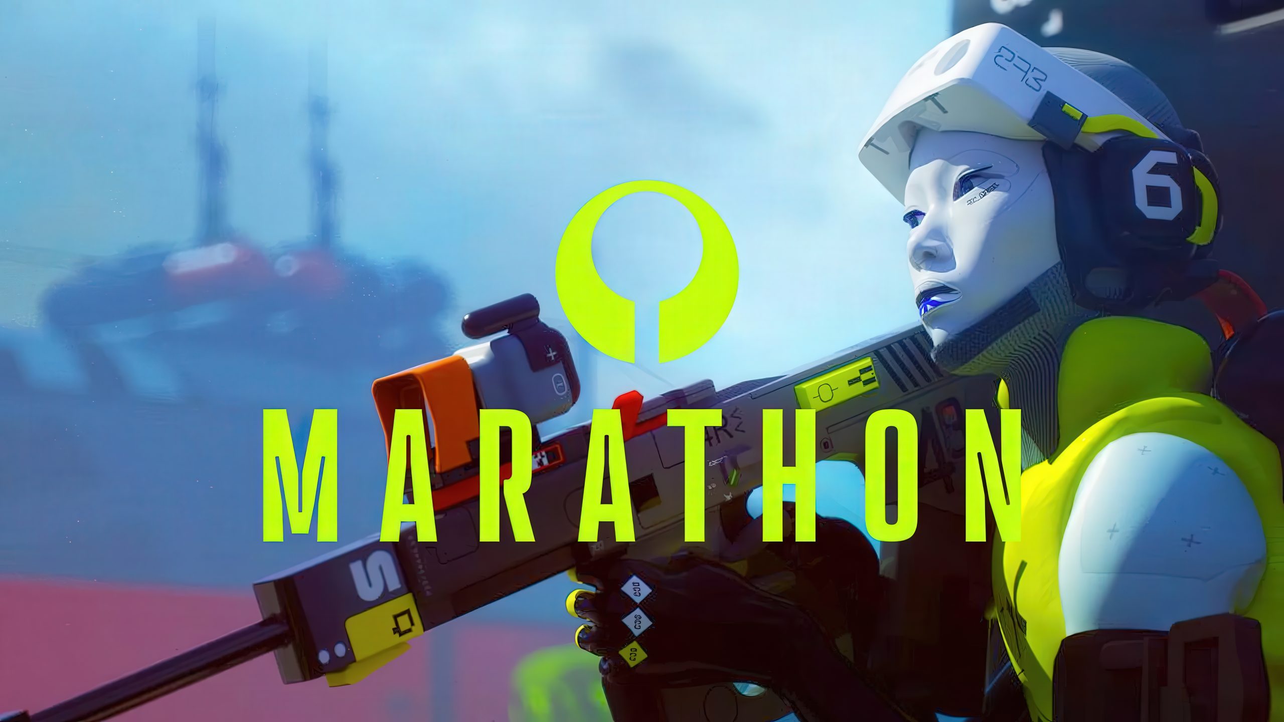 A robotic character wearing a helmet marked '223' and '6' holds a futuristic weapon in the game 'Marathon'.