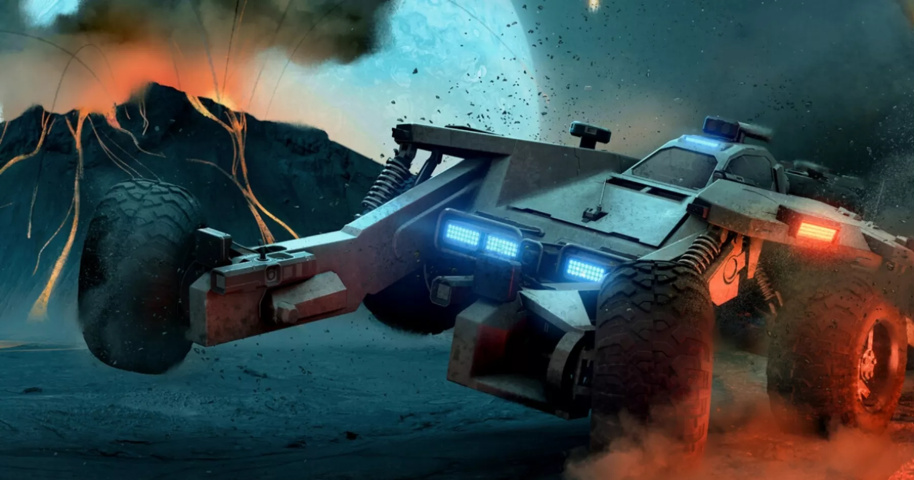 A futuristic armored vehicle with glowing blue and red lights drives through a volcanic landscape with erupting lava and a large planet visible in the background.