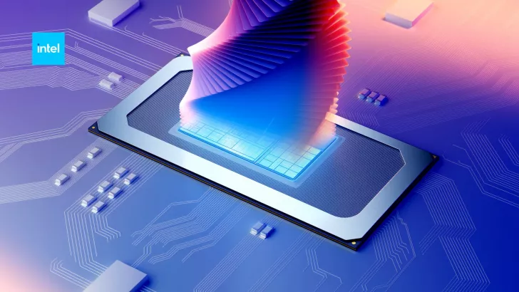 Intel logo beside a futuristic processor design on a circuit board.